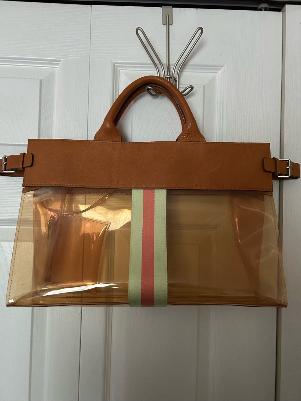 Club Monaco Tan Clear Tote with Green and Red Stripe with little pouch inside